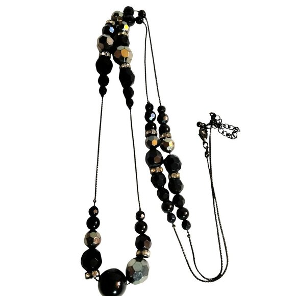 Black Beaded Necklace Faceted Beads Long Art Deco Flapper - Picture 2 of 8